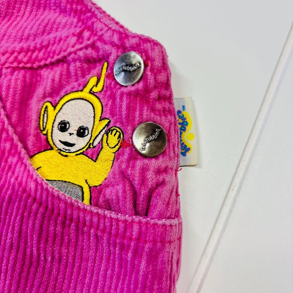Vintage Teletubbies Embroidered Hot Pink Corduroy Overall Dress, Size 3T - Picture 3 of 15